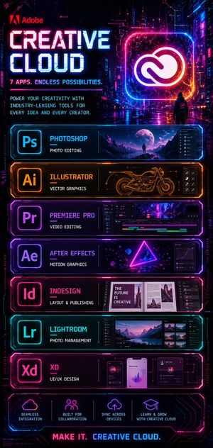 A tall neon cyberpunk promotional poster for Adobe Creative Cloud, ideal...