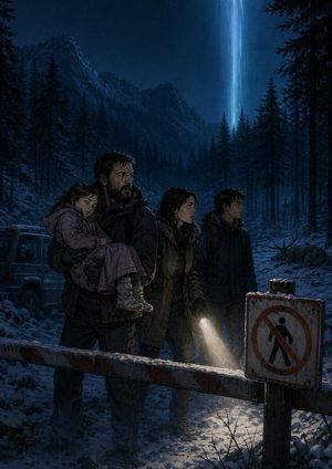 A cinematic winter-thriller cover showing a family group at a forbidden...
