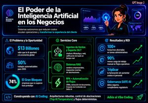 A futuristic Spanish-language business infographic showcasing AI service...