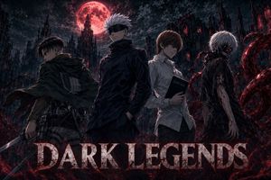 A dramatic gothic crossover-style anime poster featuring four dark male...