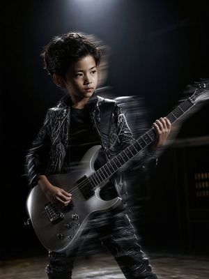A high-contrast fashion editorial prompt for a child guitarist in a rehe...