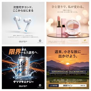 Generates a 2x2 grid of diverse Japanese advertising posters, perfect fo...