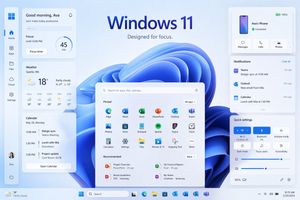 A polished Windows 11-style promotional desktop mockup with multiple wid...