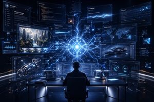 A cinematic concept image of a luxury AI-powered command desk with holog...