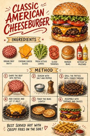A retro hand-painted food infographic poster showing a classic American...