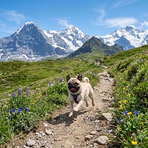 This prompt generates a vibrant travel-style action photo of a happy pug...