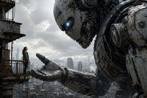 A photorealistic cinematic prompt for creating an emotional dystopian sc...