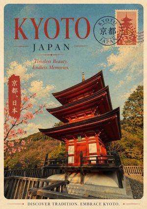 This prompt generates a retro-style Kyoto tourism poster, ideal for trav...