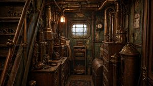 This prompt generates a richly textured cinematic steampunk interior sce...