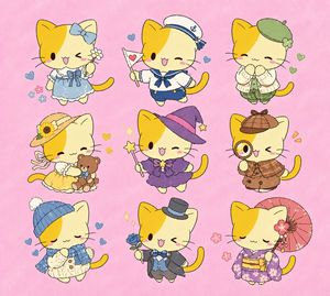 A pastel pink character sheet showing nine cute kitten dress-up outfits,...