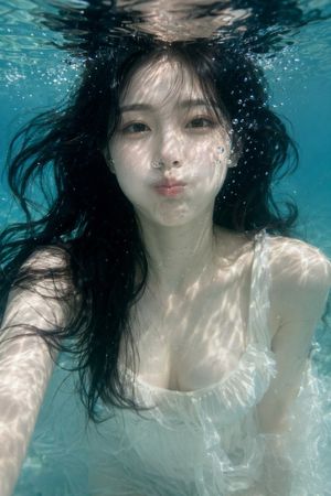 Generates a highly realistic underwater portrait featuring floating hair...