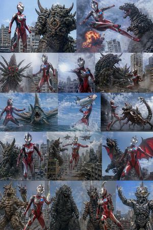 This prompt generates a 15-panel cinematic collage of a giant red-and-si...