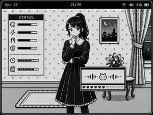 Generates a 1-bit monochrome pixel art visual novel interface featuring...