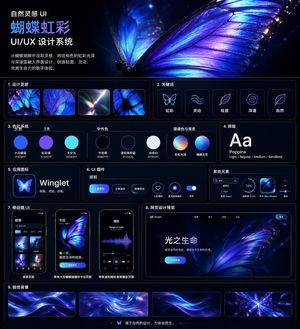 A polished dark-mode Chinese UI/UX design system presentation board feat...
