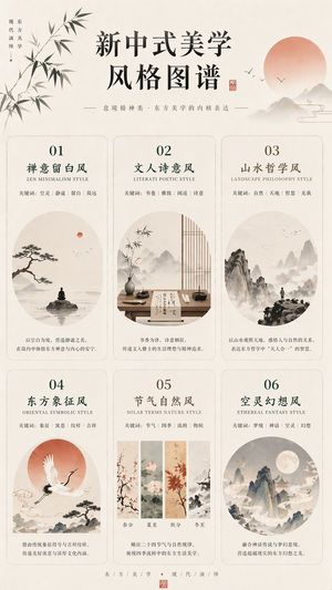 A refined editorial infographic poster presenting six distinct new Chine...