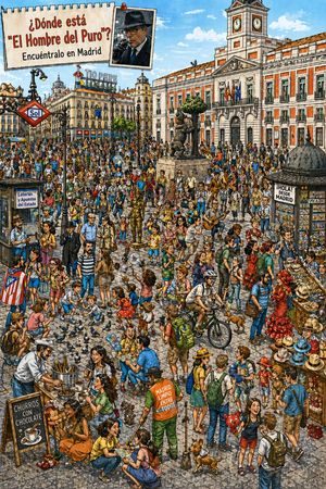 This prompt generates a crowded search-and-find illustration of Madrid’s...