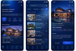 A polished three-screen mobile app concept for a premium real estate pla...
