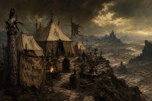 This prompt generates a moody dark-fantasy landscape painting of a ruine...