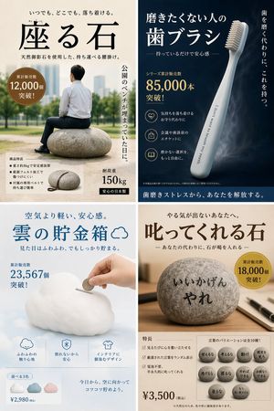 Generates a 4-panel grid of humorous, fictional product advertisements w...