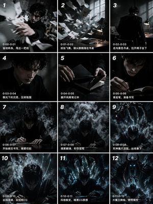 Generates a 12-panel sequential storyboard with timestamps and captions,...