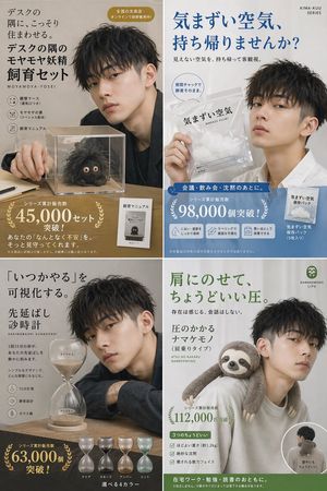 A four-panel Japanese mock advertising collage for surreal comfort produ...