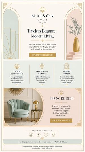 A refined vertical email newsletter mockup for a luxury home decor brand...