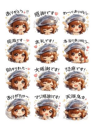 A 12-sticker anime watercolor sheet of a chibi elf girl with handwritten...