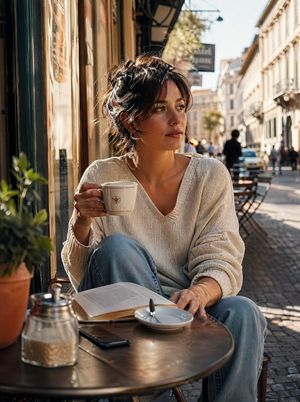 This prompt generates a photorealistic lifestyle portrait of a woman enj...