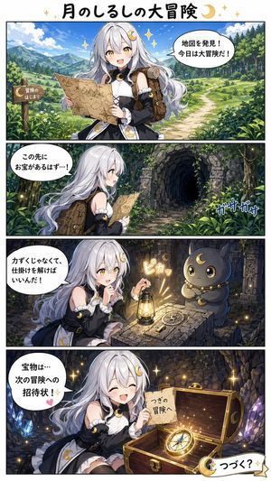 A four-panel fantasy anime comic page showing a silver-haired moon-theme...