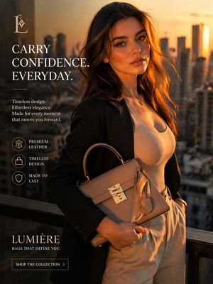 This prompt generates a polished vertical luxury fashion advertisement f...