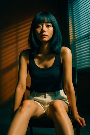 Generates a photorealistic portrait of a seated subject with dramatic li...