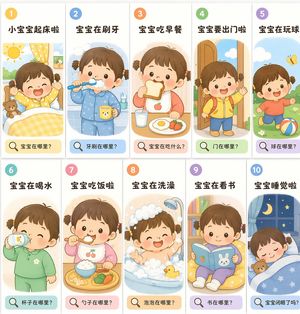 Generates a 10-panel educational grid illustrating a toddler's daily rou...