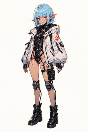 This prompt generates a clean full-body anime-style cyberpunk elf charac...