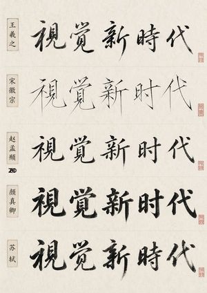 A scholarly poster showing one Chinese phrase rendered in five historic...