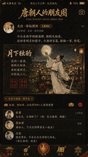 A stylized mock mobile screenshot showing Li Bai posting a moonlit poem...