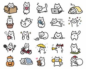 This prompt generates a 25-pose kawaii white cat sticker sheet suitable...