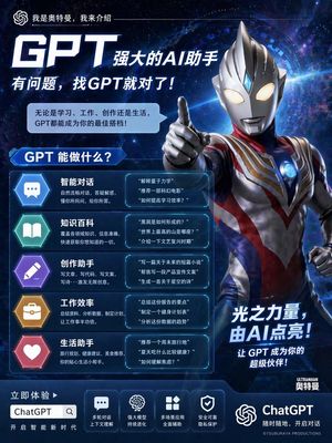 A futuristic Chinese advertising poster featuring an Ultraman-style hero...