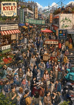 A dense search-and-find style illustration of a lively Seoul market stre...