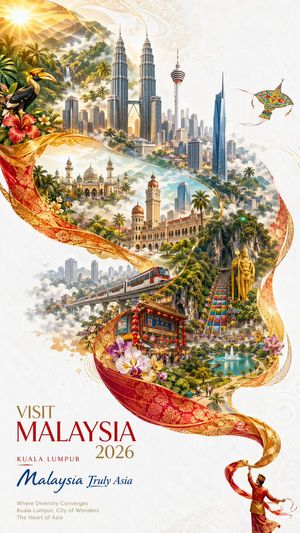 A premium vertical tourism poster showcasing Malaysia’s landmarks, cultu...