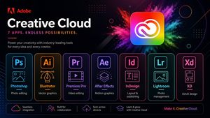 A sleek Adobe-style marketing poster showcasing seven Creative Cloud app...
