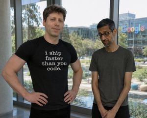 Generates a photorealistic satirical image of a confident tech CEO stand...