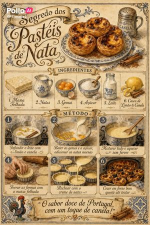This prompt generates an ornate vintage-style Portuguese recipe infograp...
