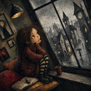 This prompt generates a melancholic dark-fantasy illustration of a child...