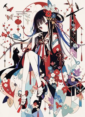 This prompt generates a detailed vertical anime poster of a kimono-clad...