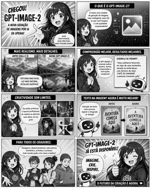 This prompt generates a Portuguese black-and-white manga-style eight-pan...