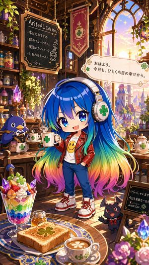 A vibrant anime-style fantasy cafe scene with a rainbow-haired chibi gir...