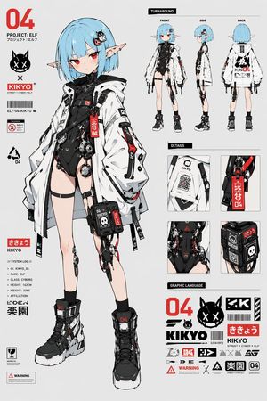 A polished anime-style character design board showing a petite cyberpunk...