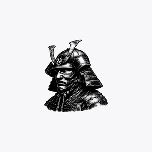 A stark black-and-white samurai portrait with a censor bar, suited for e...