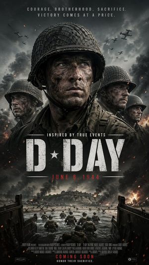 A dark, photoreal war movie poster showing four WWII soldiers above a be...